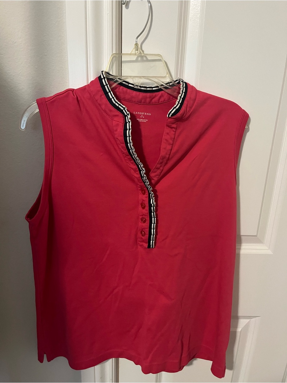 Lands' End Bright Red Sleeveless Polo with Black & White Trim